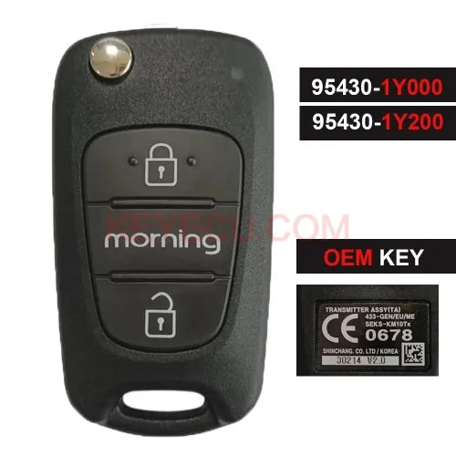 OEM Genuine 95430-1Y000, 95430-1Y200 Flip Key Fob Keyless Remote 2 Button 4D-60 433MHz for Kia MORNING 2011+ SEKS-KM10TX