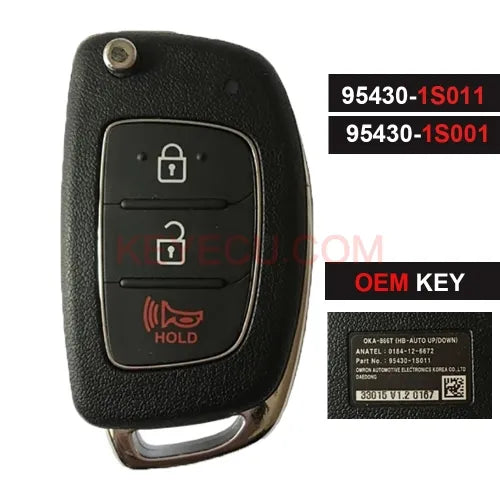 Original OEM 95430-1S011 / 95430-1S001 Flip Remote Key 3 Button 433MHz 4D60 80BIT for Hyundai HB20 OKA-866T